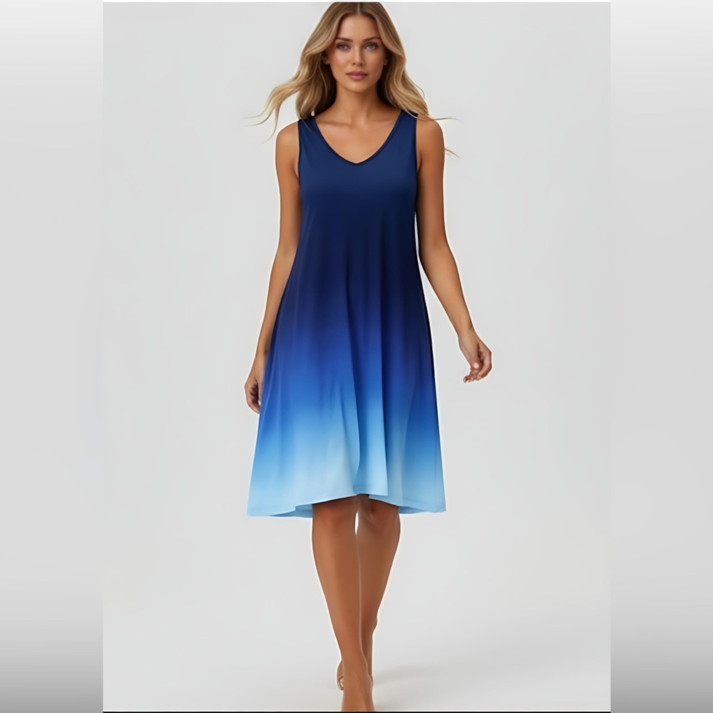 Ombre V-Neck Sleeveless Midi Dress Blue - Picture 1 of 8